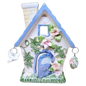 VTG Cottagecore Ceramic Candle Holder Treasured Times Hanging Basket & Bird READ